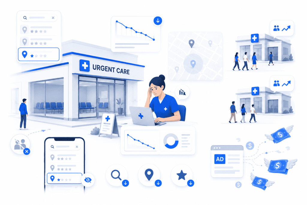 A 3D flat vector style illustration depicting an urgent care clinic manager looking stressed at a desk, surrounded by downward trending business graphs, unranked local map symbols, and money flying away from paid advertisements.