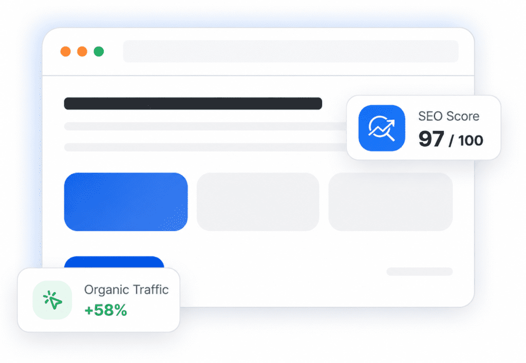 A simplified website browser mockup featuring a panel showing an SEO Score of 97 out of 100 and a second badge showing a 58 percent increase in organic traffic.