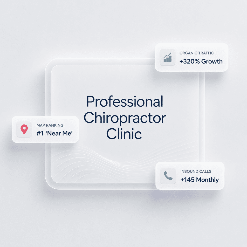A visual case study graphic for a professional chiropractor clinic showing a number 1 near me map ranking, 320 percent organic traffic growth, and over 145 additional monthly inbound calls.
