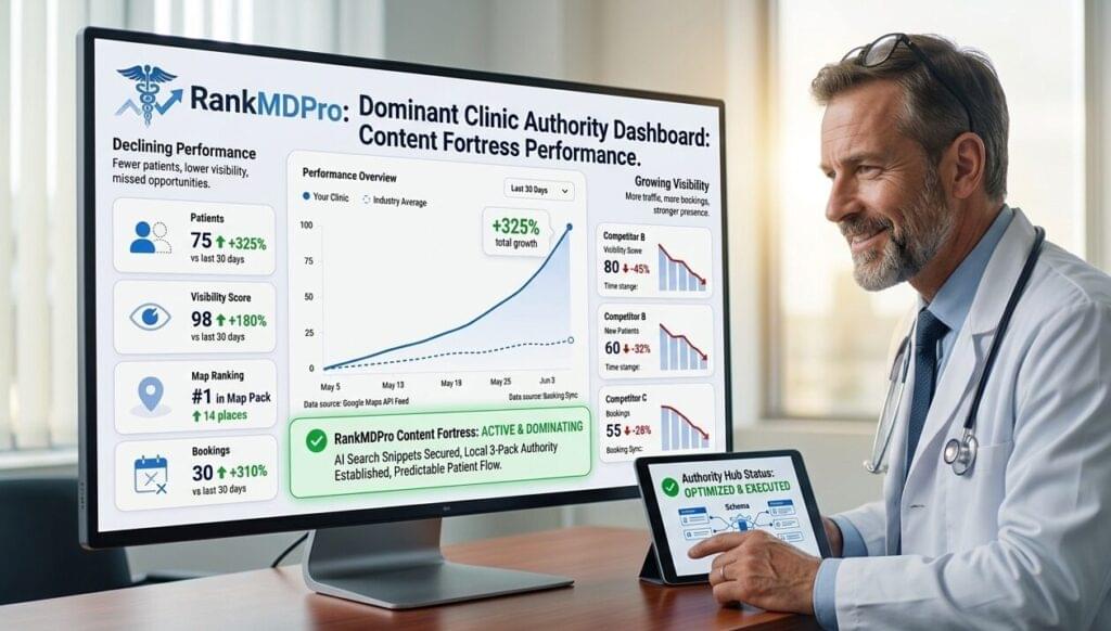 Photorealistic image of a physician using the RankMDPro Dominant Clinic Authority Dashboard to track a 325% increase in patient bookings and AI search dominance.