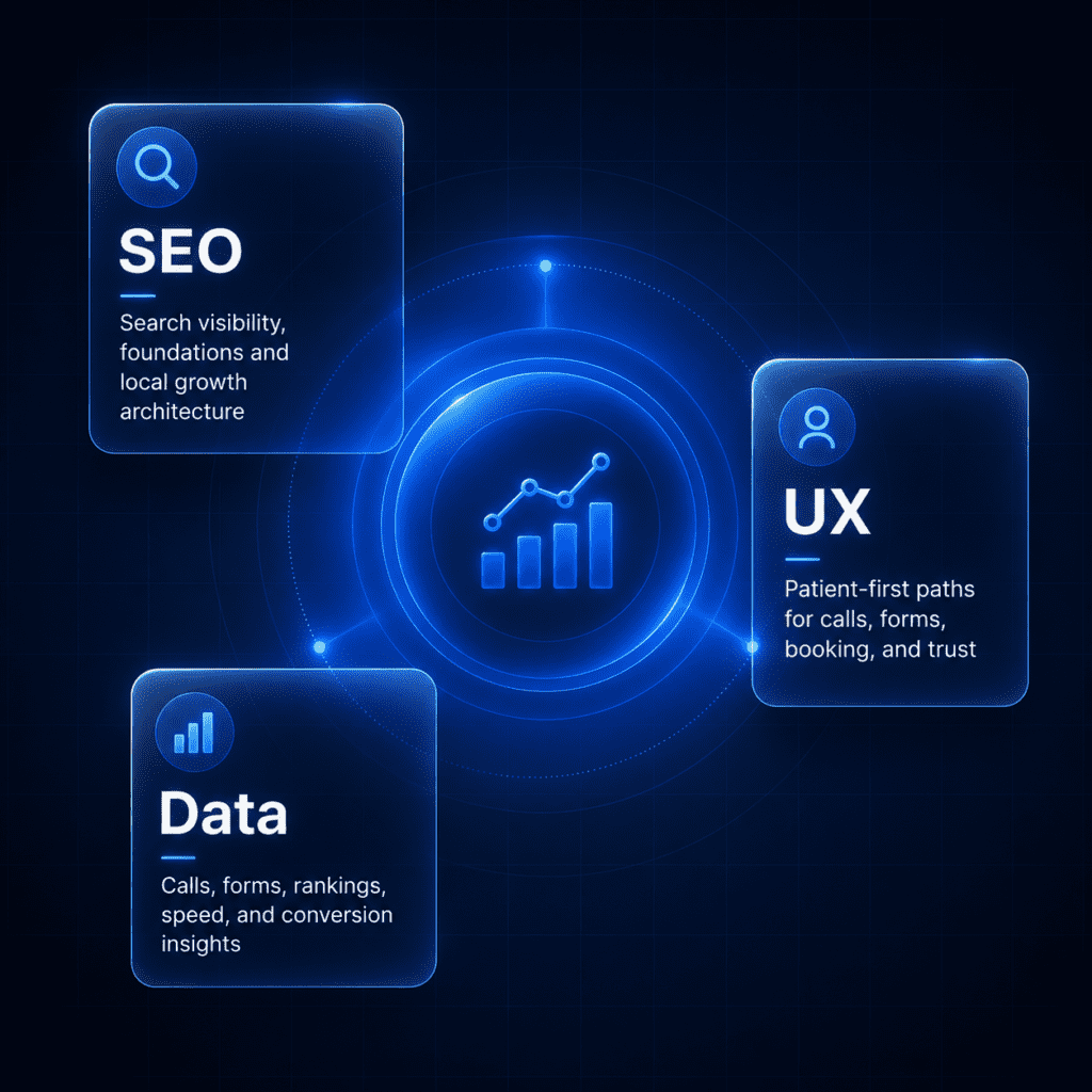 A technical web development graphic highlighting three pillars connected in a futuristic blue circle. The pillars are SEO for search visibility and local growth architecture, UX for patient-first paths and booking trust, and Data for calls, forms, rankings, and conversion insights.