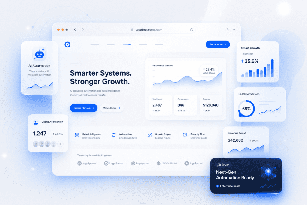 A web browser mockup displaying a business website interface titled Smarter Systems, Stronger Growth, surrounded by UI components showing growth metrics, total leads, an AI automation widget, and a next-gen automation badge.