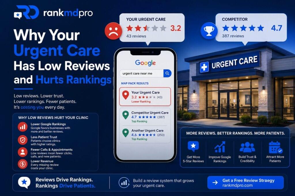 RankMDPro infographic showing how low Google reviews impact urgent care rankings, patient trust, and local SEO performance, featuring review comparisons, Google Maps results, and an urgent care clinic.