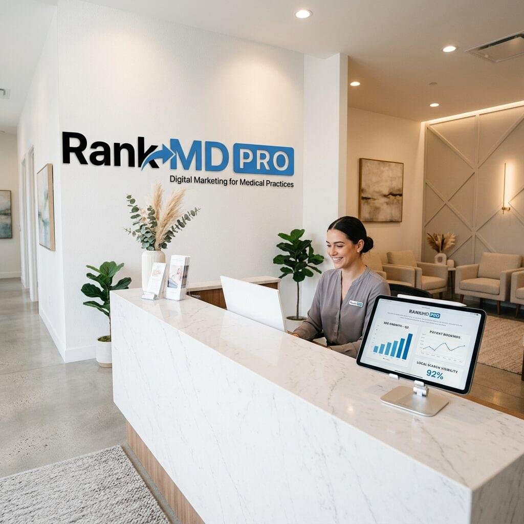 A modern aesthetic clinic reception area featuring the RankMD PRO logo on the wall and a tablet showing SEO analytics.