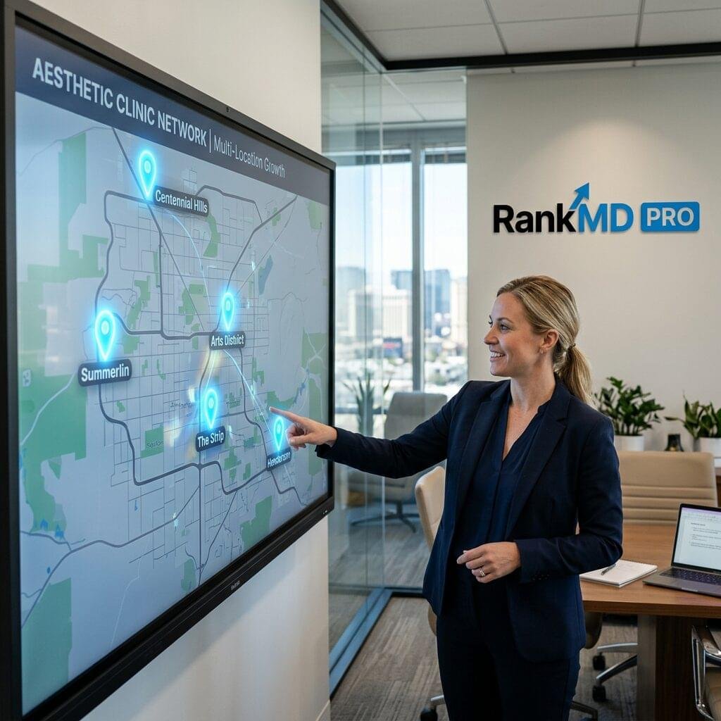 A professional digital marketing office featuring a city map with multiple location pins and the RankMD PRO logo on the wall.