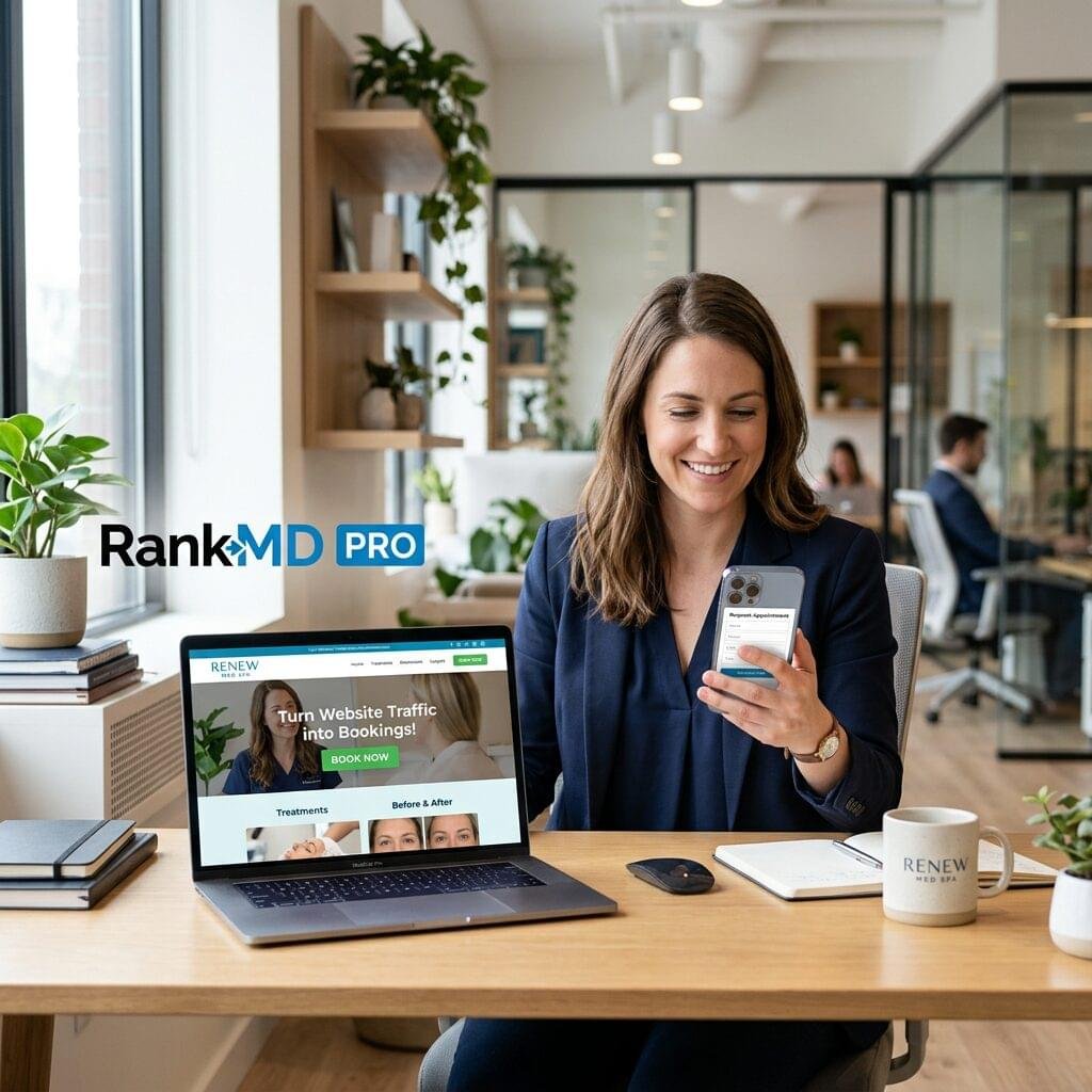 A professional workspace showing a med spa website with a clear 'Book Now' button on a laptop and a mobile booking form, with the RankMD PRO logo in the background.