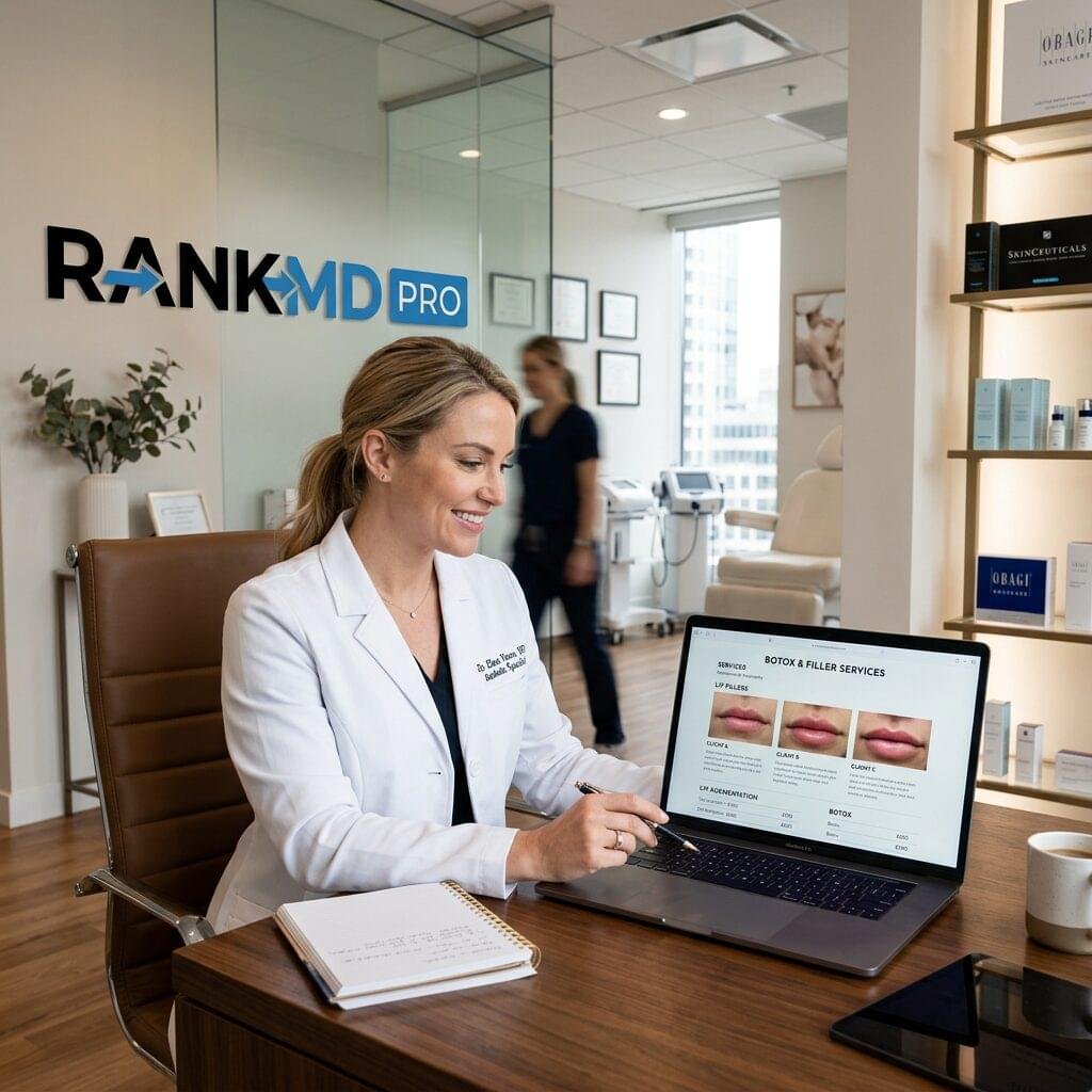 A professional medical clinic setting showing an optimized Botox service page on a laptop with the RankMD PRO logo on the wall.