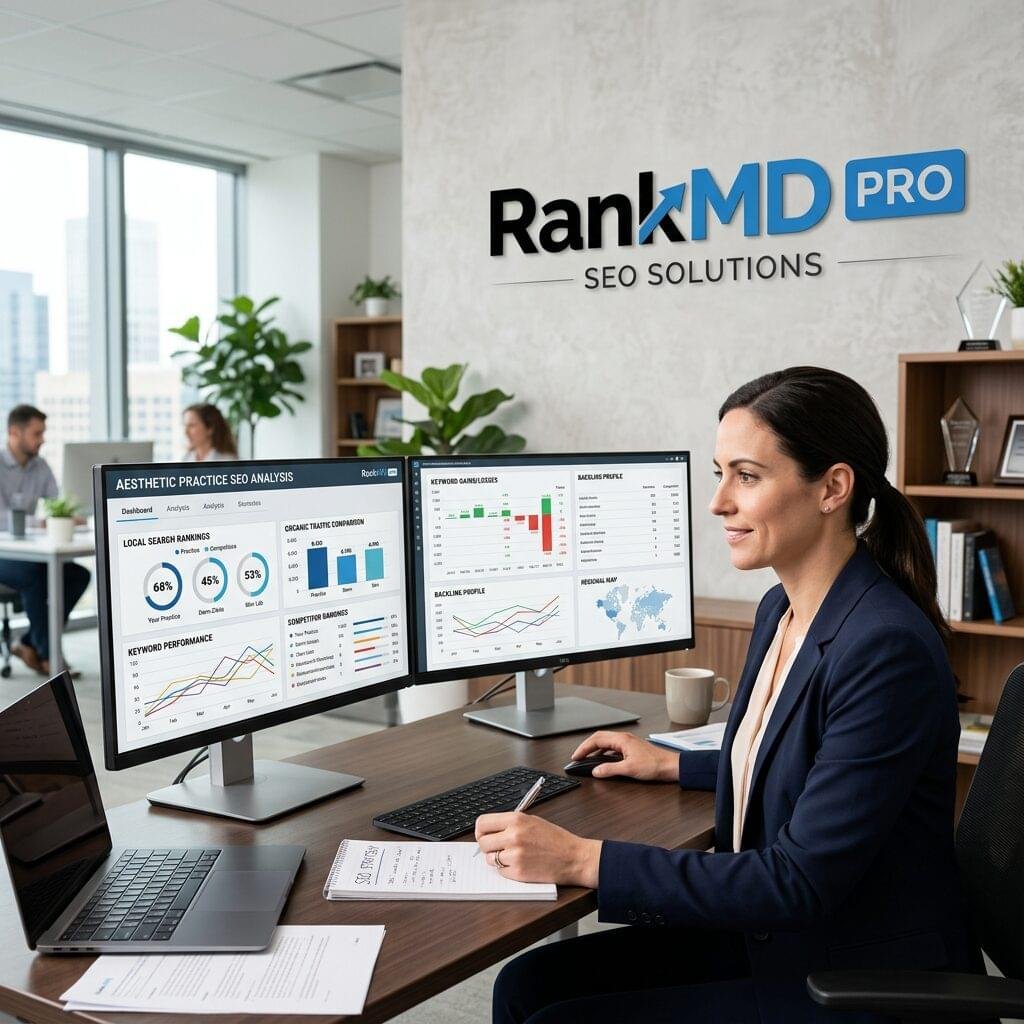 A professional digital marketing office showing a comparison of SEO performance charts on dual monitors with the RankMD PRO logo on the wall.