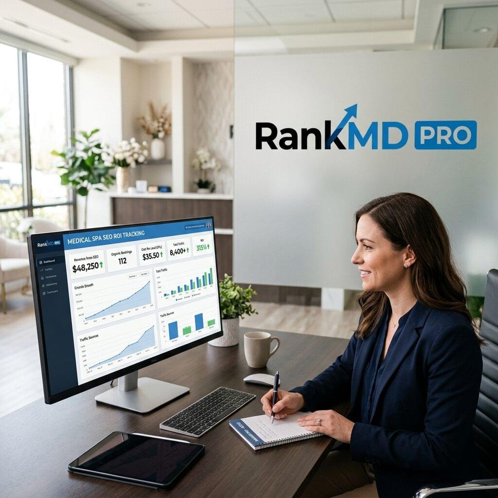 A professional digital marketing office showing an SEO ROI dashboard with revenue and booking metrics, featuring the RankMD PRO logo on the wall.