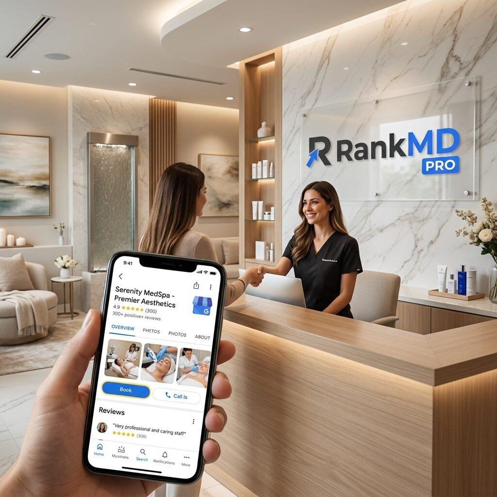 A smartphone displaying a med spa's Google Business Profile in front of a luxurious spa reception area, featuring the RankMD PRO logo.