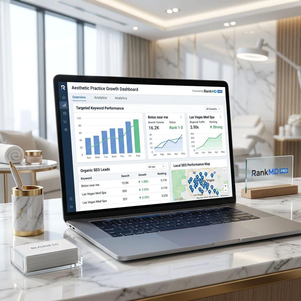 A laptop in a luxury med spa office displaying keyword analytics for aesthetic SEO, featuring the RankMD Pro logo.