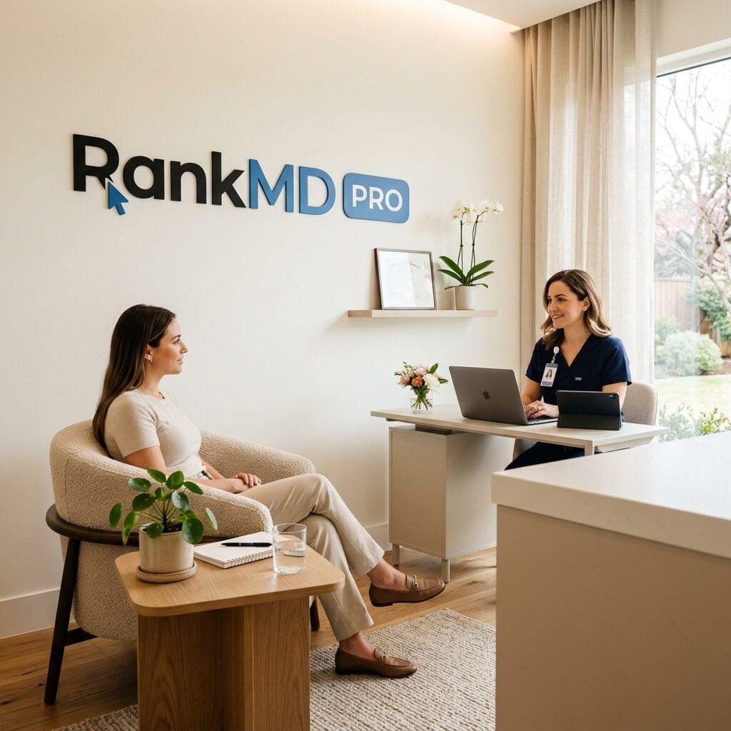 A clean, professional aesthetic clinic consultation room featuring a minimalist interior, warm lighting, and the RankMD Pro logo prominently displayed on the wall.