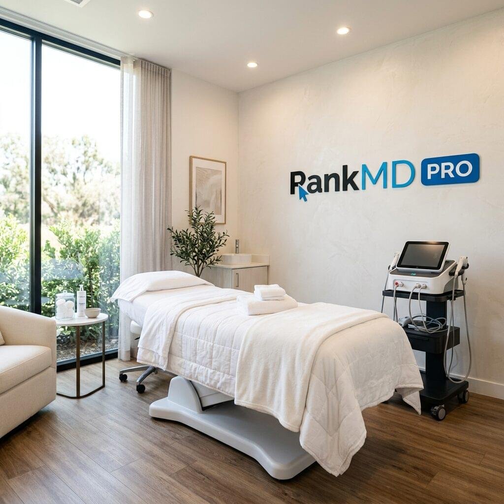 A bright, professional medical spa treatment room with a high-end table, aesthetic equipment, and the RankMD Pro logo on a minimalist wall.