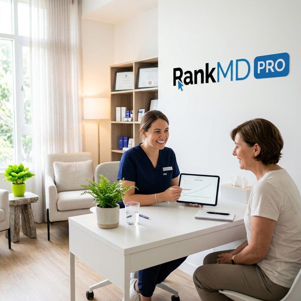A medical spa consultant showing a growth chart on a tablet to a patient in a bright, modern office with the RankMD Pro logo on the wall.