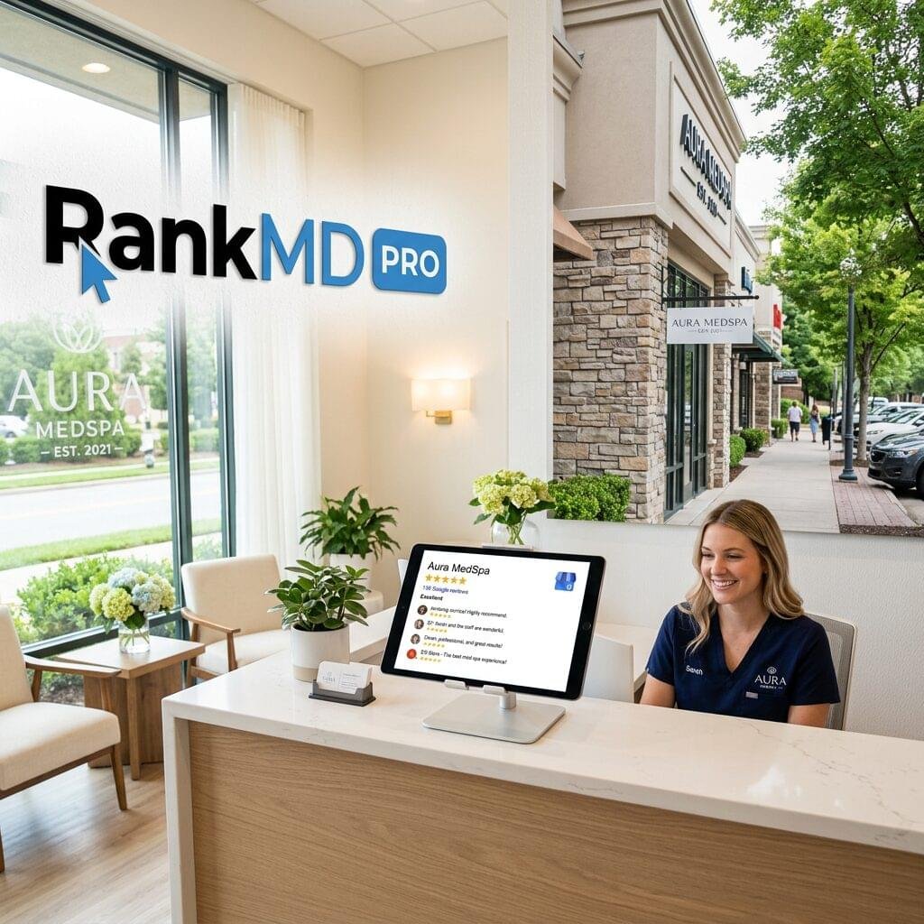 A professional medical spa reception area featuring a tablet with a 5-star Google Business Profile and the RankMD Pro logo on a modern wall.