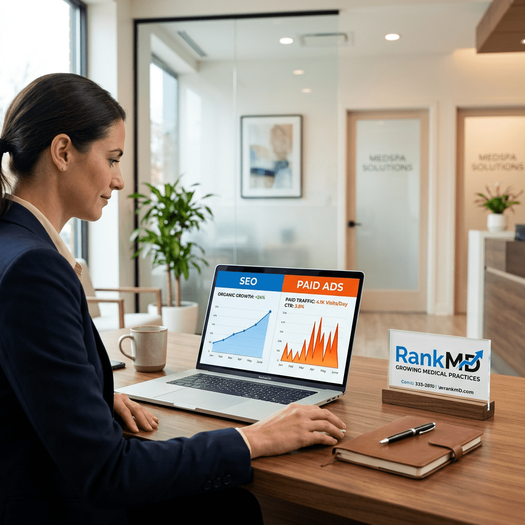 A high-end medical marketing office setup featuring a laptop displaying SEO growth and Paid Ads metrics, with a RankMD Pro branded plaque in a professional clinic environment.