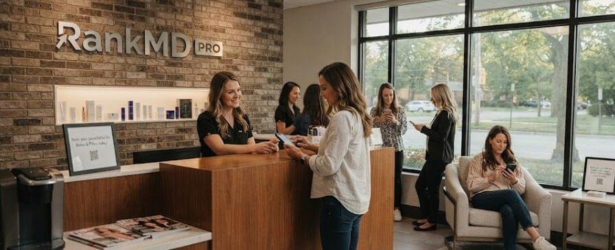 A modern, natural aesthetic clinic reception area featuring the RankMD Pro logo on a brick wall, friendly staff, and patients booking appointments on their mobile phones.