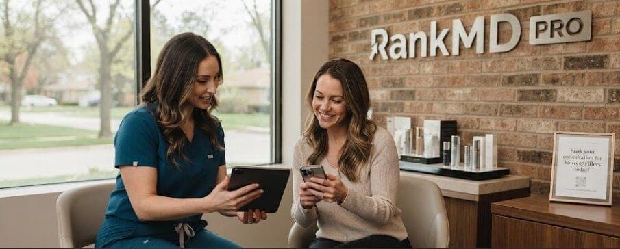 A friendly aesthetic clinic staff member showing a tablet to a smiling patient using her mobile phone inside a modern medical spa featuring the RankMD Pro logo.