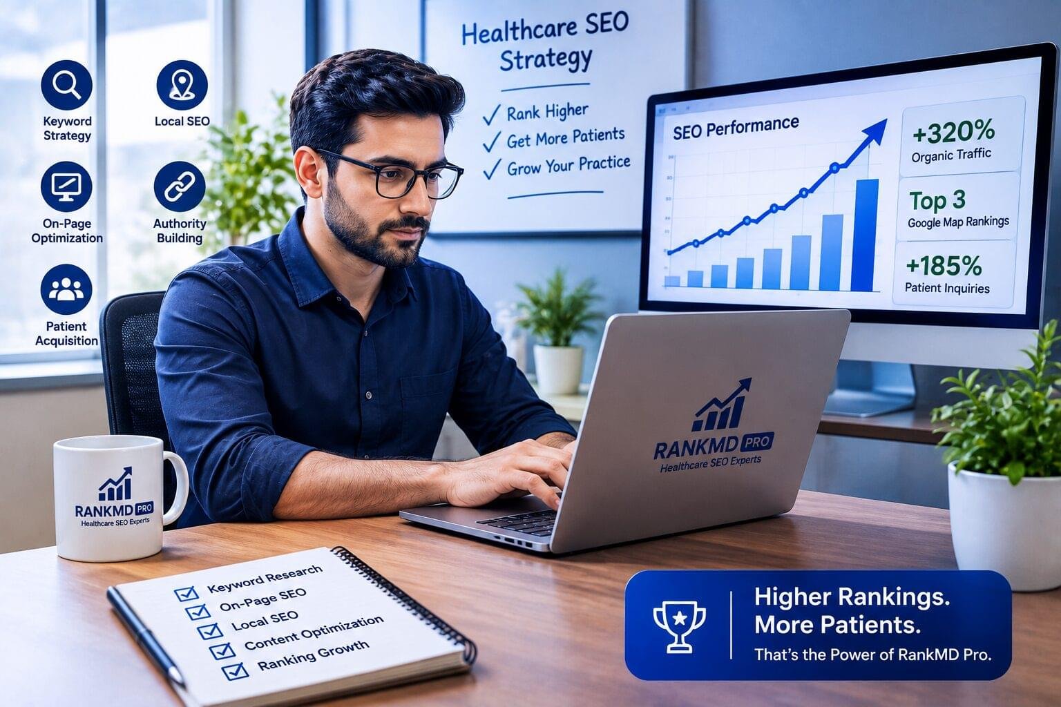Professional analyzing Healthcare SEO Services in California and website ranking performance