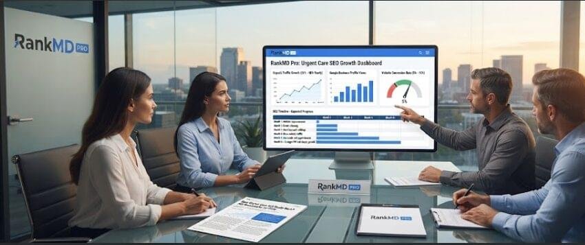 A realistic photo of a digital marketing team in a modern office, presenting an "Urgent Care SEO Growth Dashboard" on a large screen. The dashboard displays charts for organic traffic, Google Business Profile views, conversion rate, and an SEO timeline. The RankMD Pro logo is clearly visible on the screen and on branded materials.