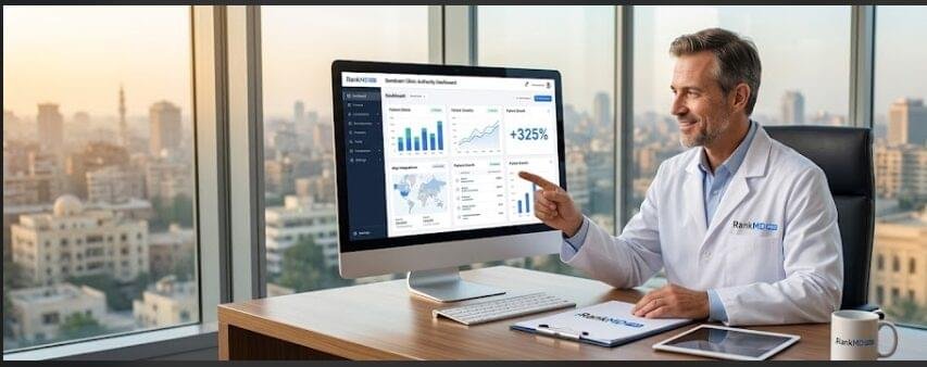 A male physician in a white lab coat analyzing patient growth metrics and clinic authority performance on a computer display featuring Rank MD Pro branding.