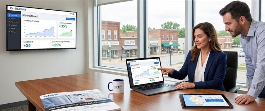 RankMD Pro marketing specialists reviewing local healthcare SEO performance metrics and growth plans for Canton, Illinois medical practices.