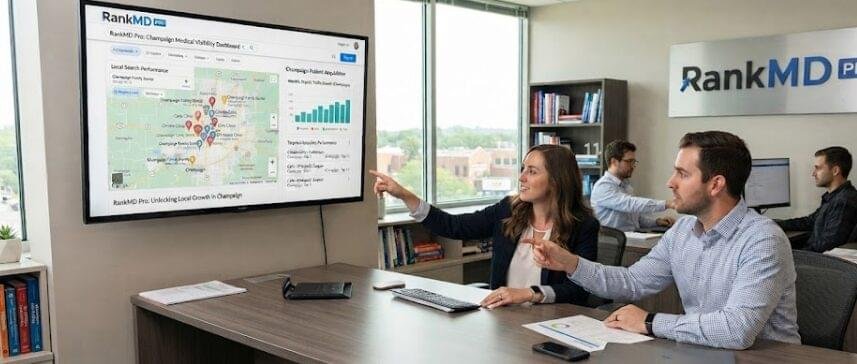 A marketing specialist pointing toward a large digital display featuring a local search visibility and patient acquisition dashboard for medical practices in Champaign, with team members collaborating in a modern office featuring the RankMD Pro logo on the wall.