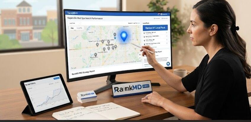 An SEO consultant in a professional office uses a stylus on a large monitor displaying an interactive map with pins. The map highlights "Naperville Med Spa Search Performance" with the "RankMD PRO" logo on the screen and a desk sign. A tablet shows a review velocity graph, and a notebook with handwritten "Naperville" SEO notes is on the desk.