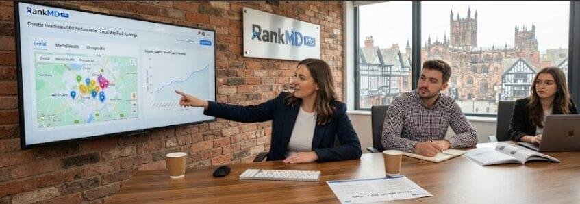 A marketing professional pointing at a digital screen displaying local map rankings and SEO performance metrics for medical practices in Chester, with team members collaborating in a modern conference room overlooking historic city architecture.