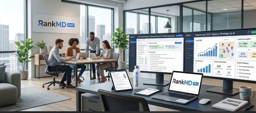 An SEO specialist analyzing urgent care local search data, comparing agency strategy versus AI tool performance on dual monitors in a Rank MD Pro branded office.