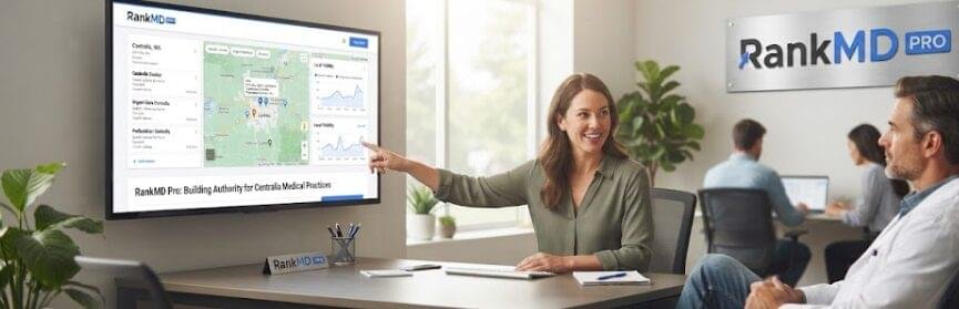 A marketing professional pointing at a digital dashboard on a wall screen displaying local search and SEO metrics for Centralia medical practices, with the RankMD Pro logo mounted on the wall and a healthcare provider sitting at the conference table.