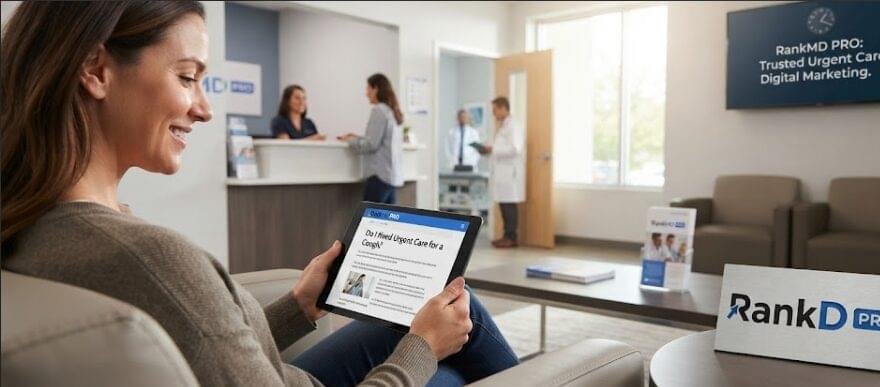 A patient in a modern urgent care waiting room reads a blog on a tablet about 'Urgent Care for a Cough', with RankMD PRO branding visible on the screen, a desk plaque, and a wall-mounted screen.
