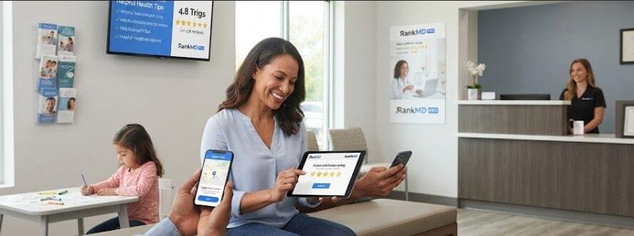 A smiling woman sitting in a modern urgent care waiting area using a tablet to submit a 5-star review, while a child colors nearby and a receptionist attends the front desk. The RankMD Pro brand logo is visibly integrated in the clinic environment.