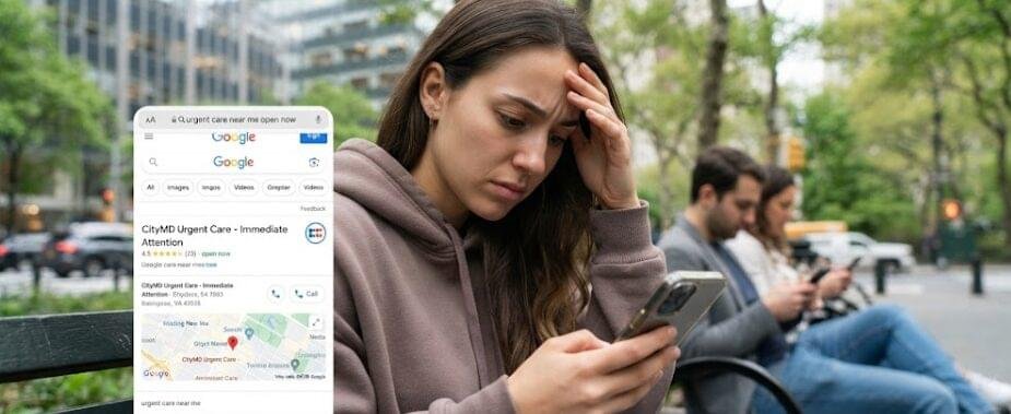 A concerned young woman sitting on an outdoor bench in a city setting, looking stressed while searching for "urgent care near me open now" on her smartphone. The screen displays a local Google search map result for an urgent care clinic with a call button and location details.