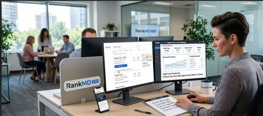 An SEO specialist analyzing urgent care local search keywords and analytics on dual monitors in a modern office with Rank MD Pro branding.